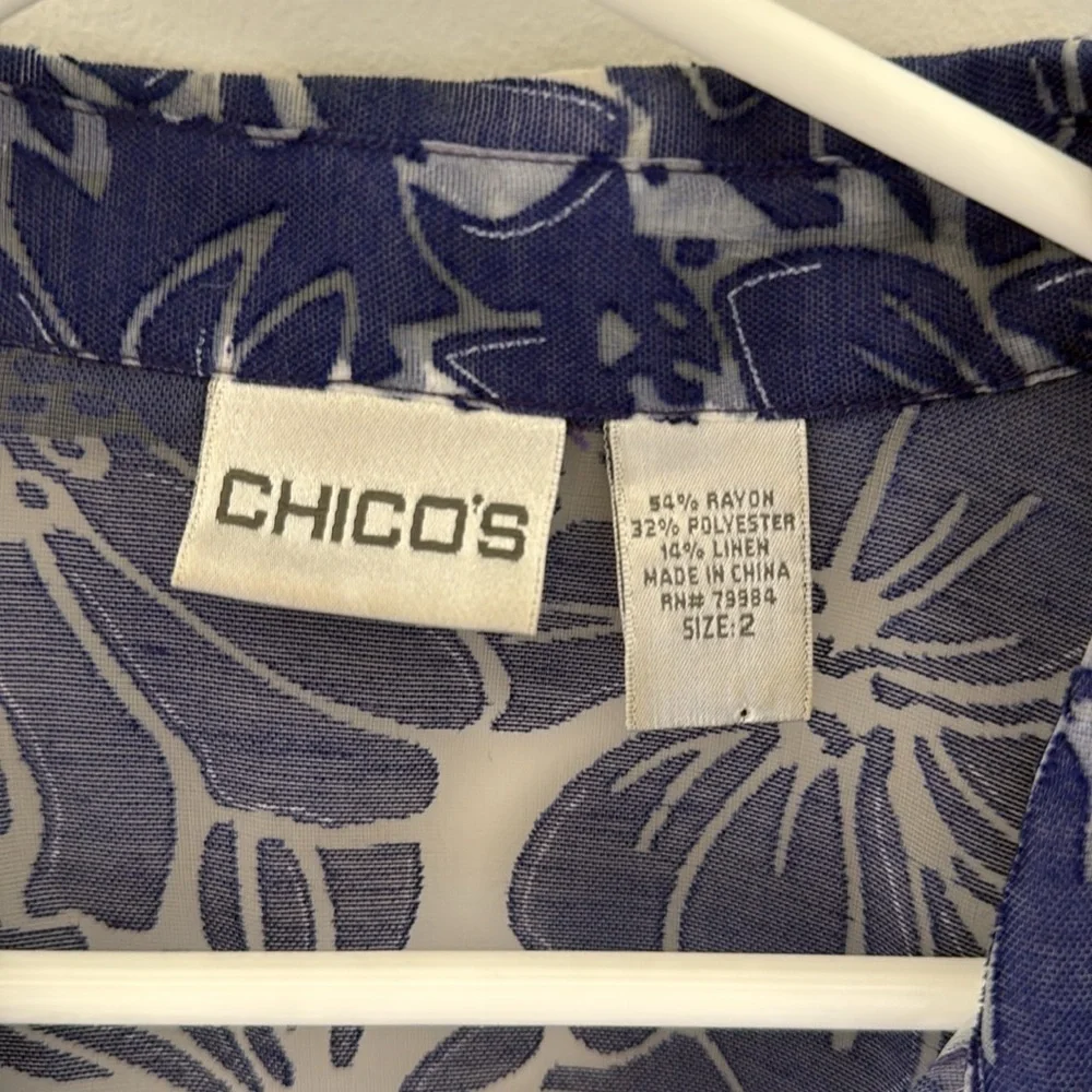 Chico's Blue Rayon Linen Blend Floral Sheer Blouse size 2(L/XL)